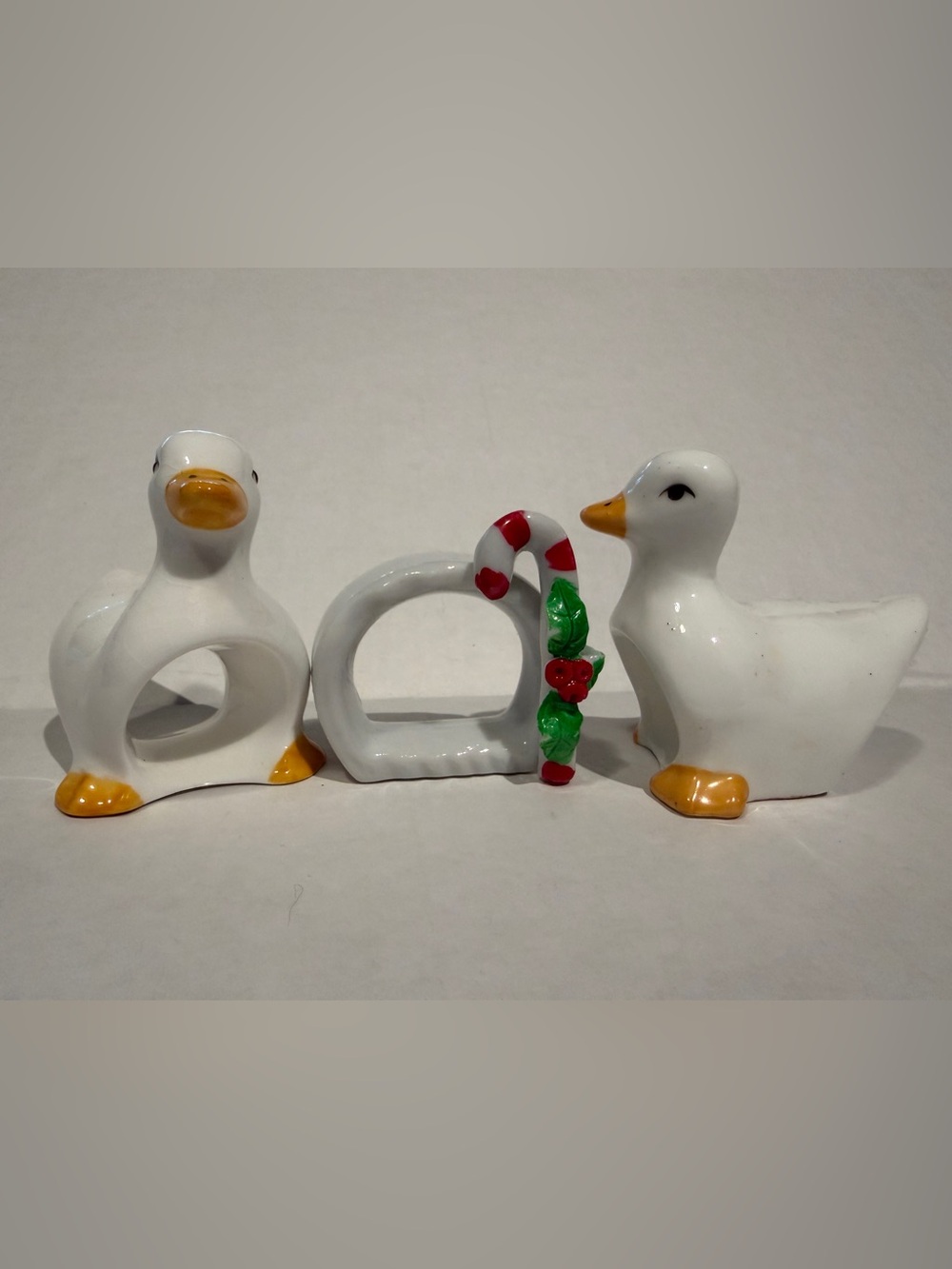Vintage Ceramic White Duck Napkin Ring with Candy Cane Accent - Set of 6